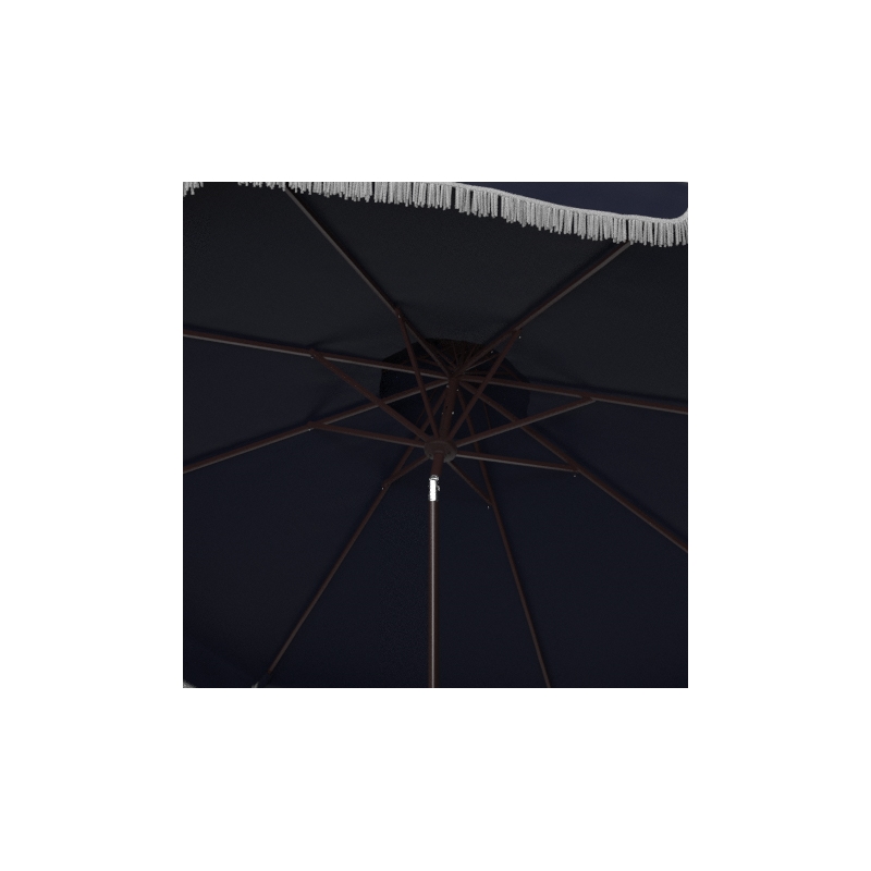 Safavieh Milan Fringe 9Ft Double Top Metal and Fabric Crank UmbrellainNavy/White