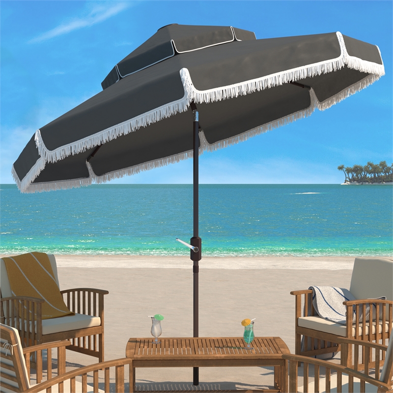 Safavieh Milan Fringe 9Ft Double Top Metal and Fabric Crank Umbrella in Gray