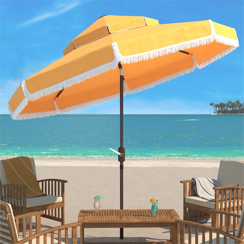 Safavieh Milan Fringe 9Ft Double Top Metal and Fabric Crank Umbrella in Yellow