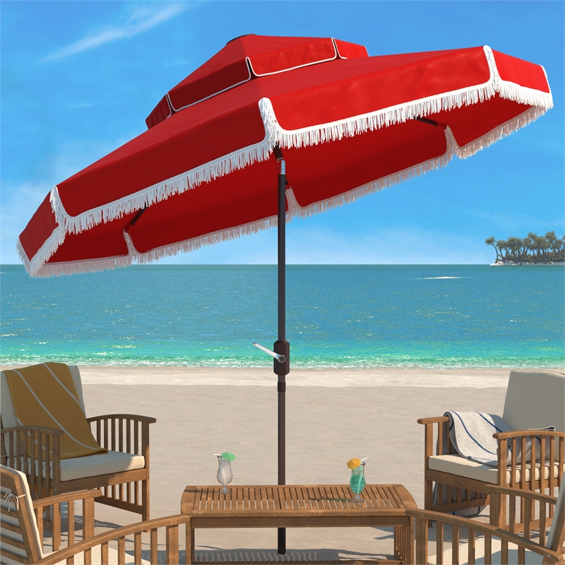 Safavieh Milan Fringe 9Ft Double Top Metal and Fabric Crank Umbrella in Red