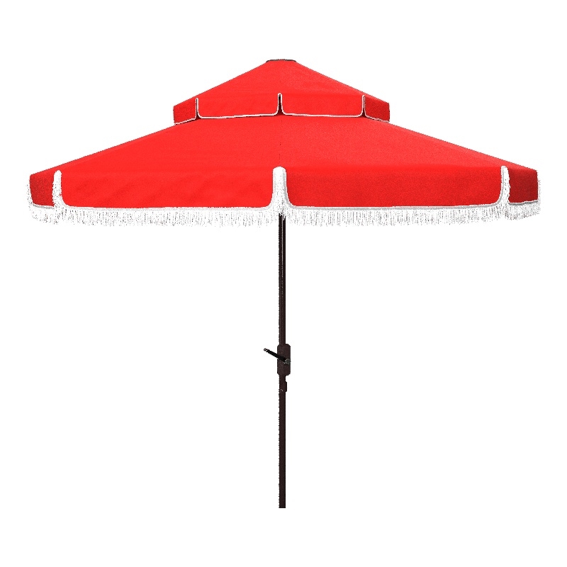 Safavieh Milan Fringe 9Ft Double Top Metal and Fabric Crank Umbrella in Red