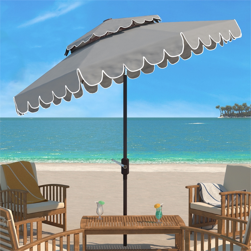 Safavieh Venice 9Ft Round Double Top Metal and Fabric Crank Umbrella in Gray