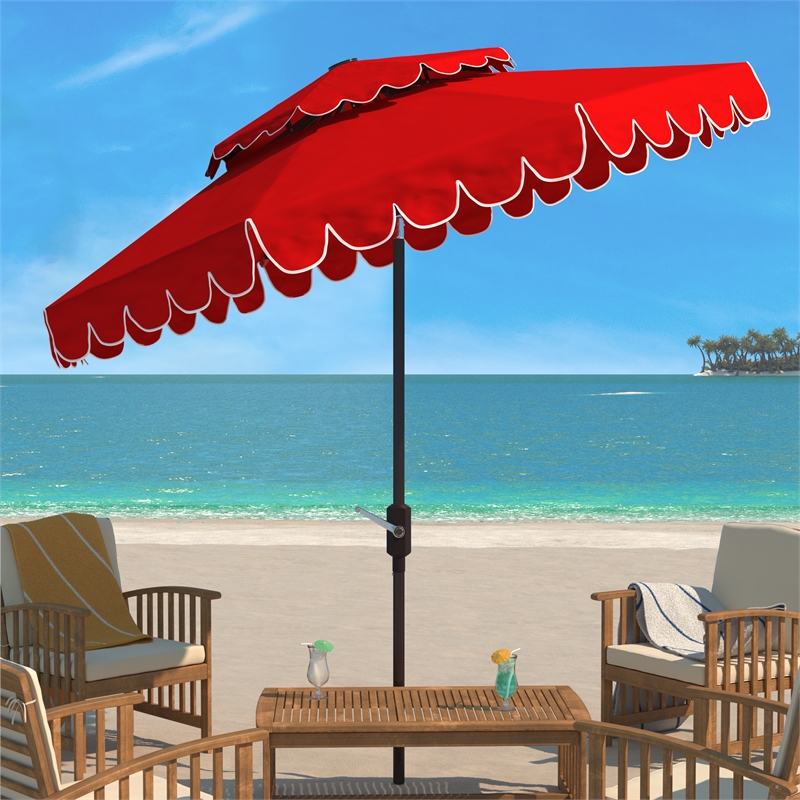 Safavieh Venice 9Ft Round Double Top Metal and Fabric Crank Umbrella in Red