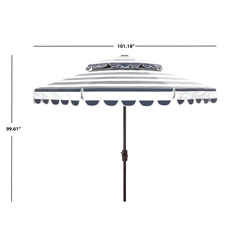 Safavieh Vienna 9Ft Round Double Top Metal and Fabric Crank UmbrellainNavy/White