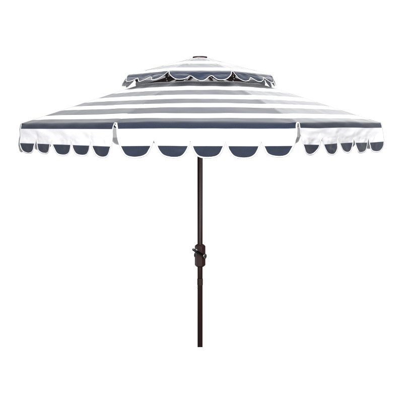 Safavieh Vienna 9Ft Round Double Top Metal and Fabric Crank UmbrellainNavy/White