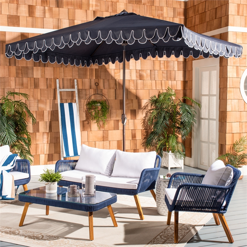 Safavieh Elegant Valance 6.5x10Ft Rect Metal and Fabric Umbrella in Navy / White