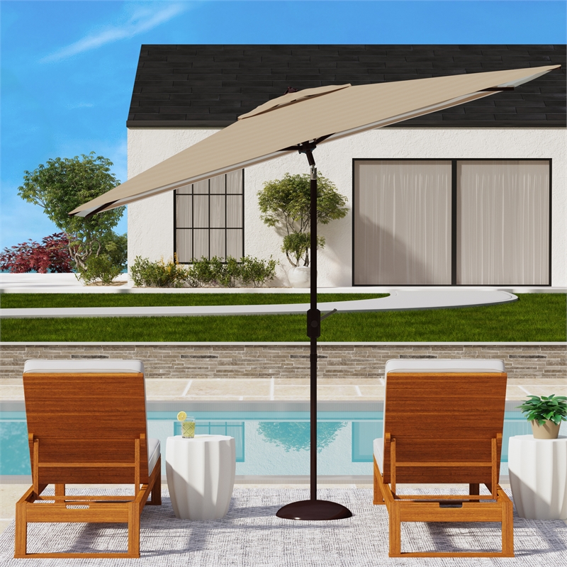 Safavieh Athens 6.5x10Ft Rectangle Metal and Fabric Crank Umbrella inBeige/White