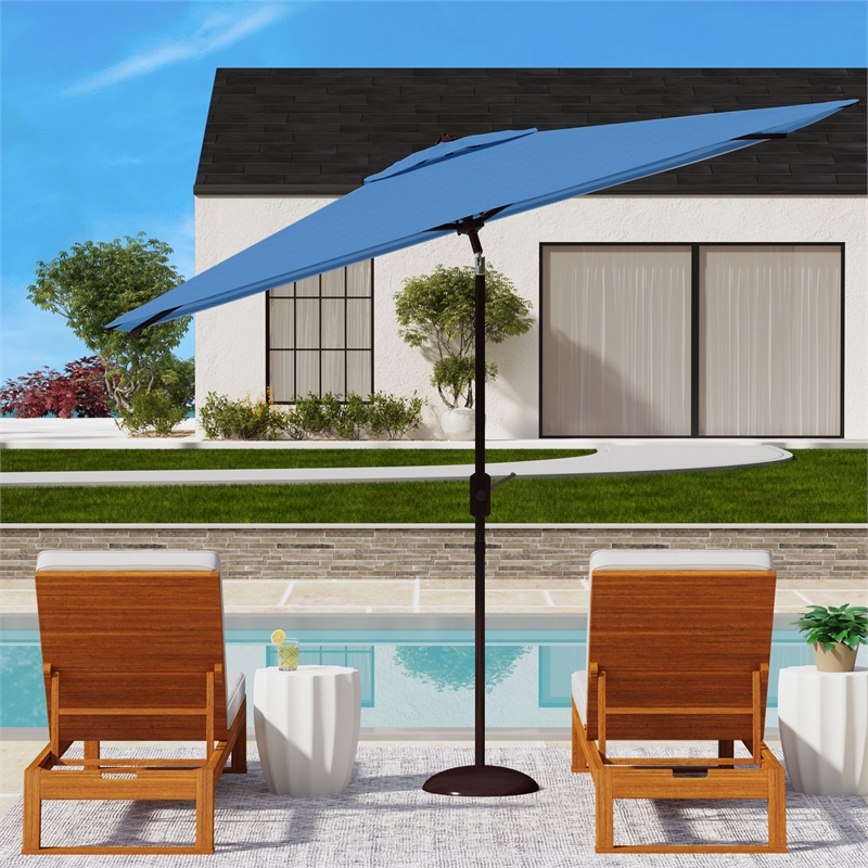 Safavieh Athens 6.5x10Ft Rectangle Metal Crank Umbrella in Baby Blue / White