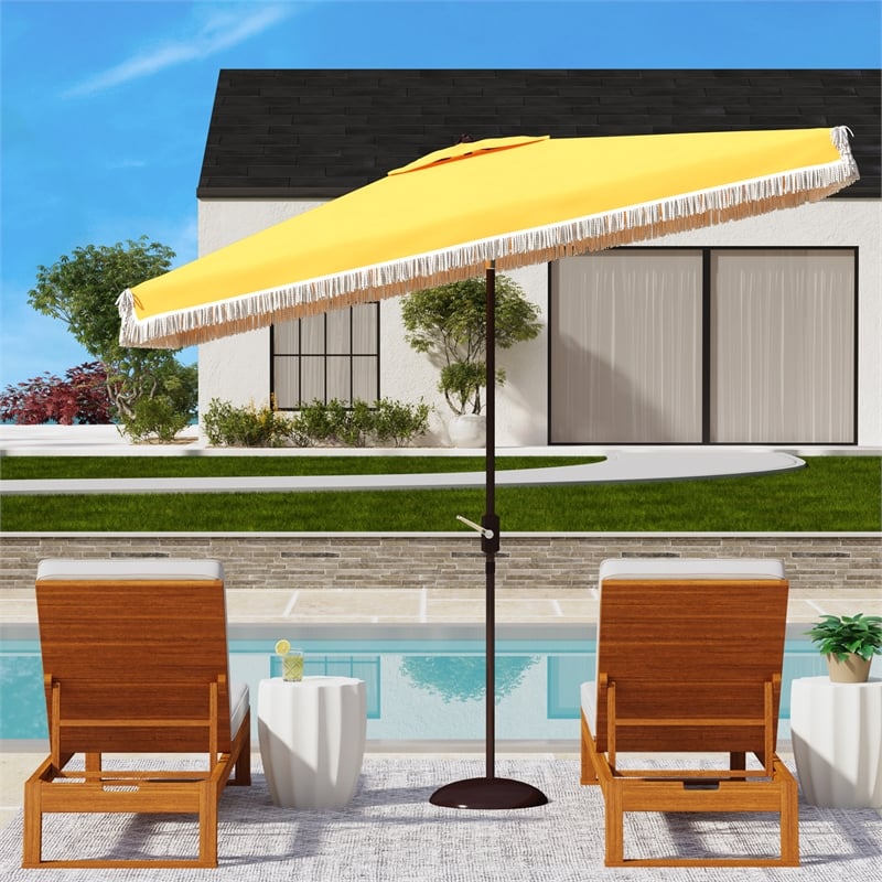 Safavieh Milan Fringe 6.5x10Ft Rect Metal and Fabric Crank Umbrella in Yellow