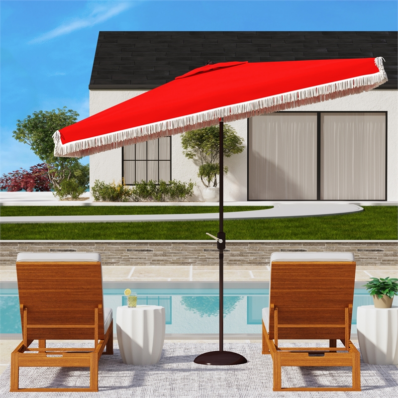 Safavieh Milan Fringe 6.5x10Ft Rect Metal and Fabric Crank Umbrella in Red