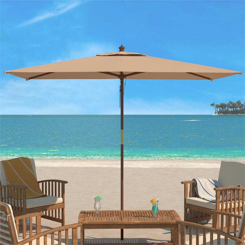 Safavieh Aklin 6.5Ft x 10Ft Wood Rectangle Umbrella in Beige