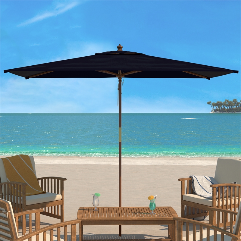 Safavieh Aklin 6.5Ft X 10Ft Wood Rectangle Umbrella in Navy