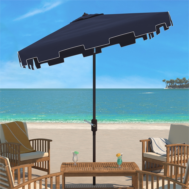Safavieh Zimmerman 7.5 Ft Square Metal and Fabric Market Umbrella in Navy/ White