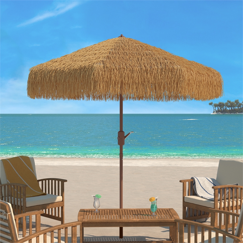Safavieh Nemery 11 Ft Tiki Metal and Fabric Umbrella in Brown