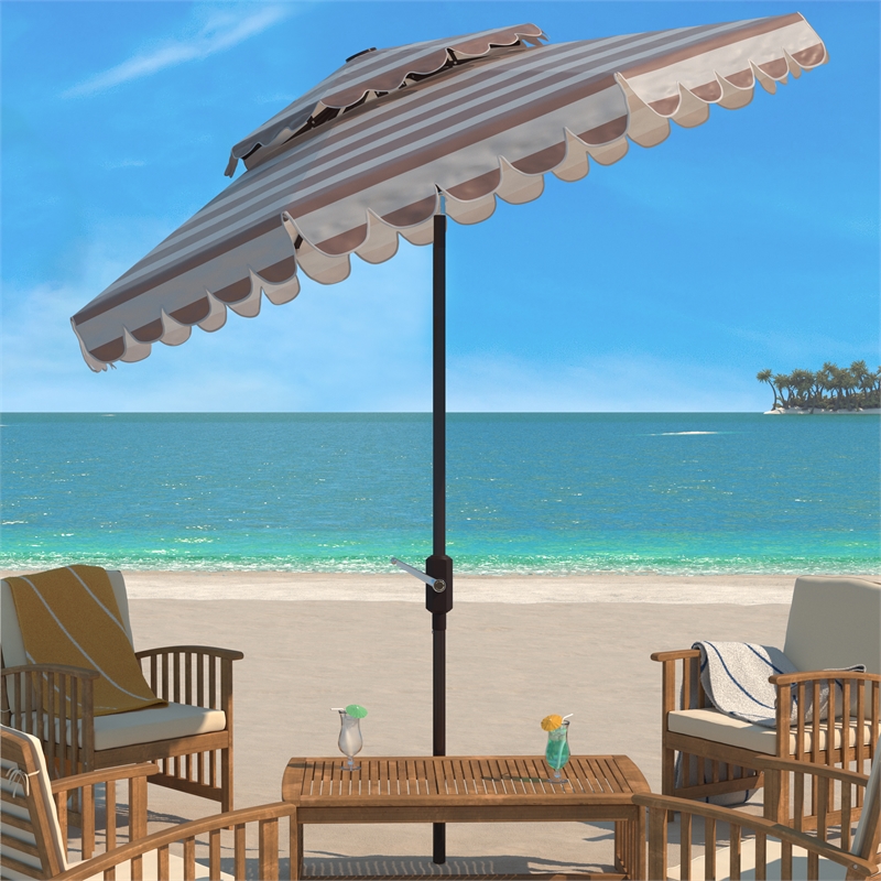Safavieh Vienna 9Ft Double Top Metal and Fabric Crank Umbrella in Beige / White