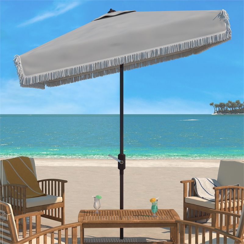 Safavieh Milan Fringe 7.5 Ft Square Metal and Fabric Crank Umbrella in Gray