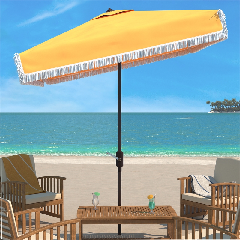 Safavieh Milan Fringe 7.5 Ft Square Metal and Fabric Crank Umbrella in Yellow