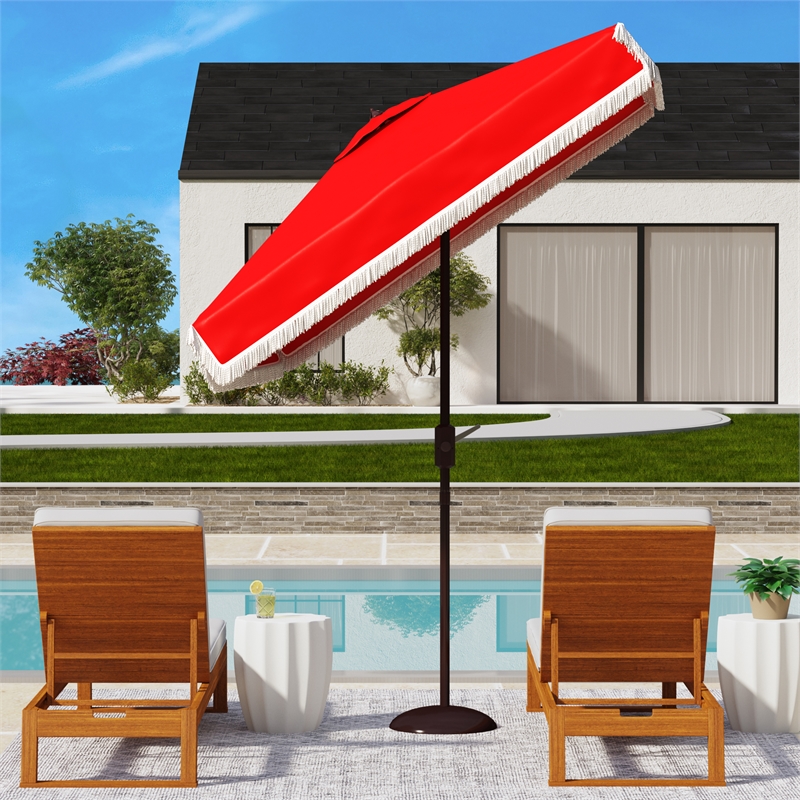 Safavieh Milan Fringe 7.5 Ft Square Metal and Fabric Crank Umbrella in Red