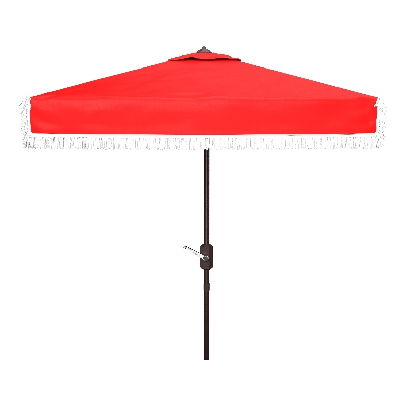 Safavieh Milan Fringe 7.5 Ft Square Metal and Fabric Crank Umbrella in Red