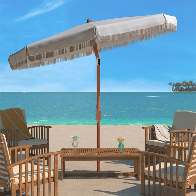 Safavieh Estonia 6.5 Ft Fringe Metal and Fabric Beach Umbrella in White
