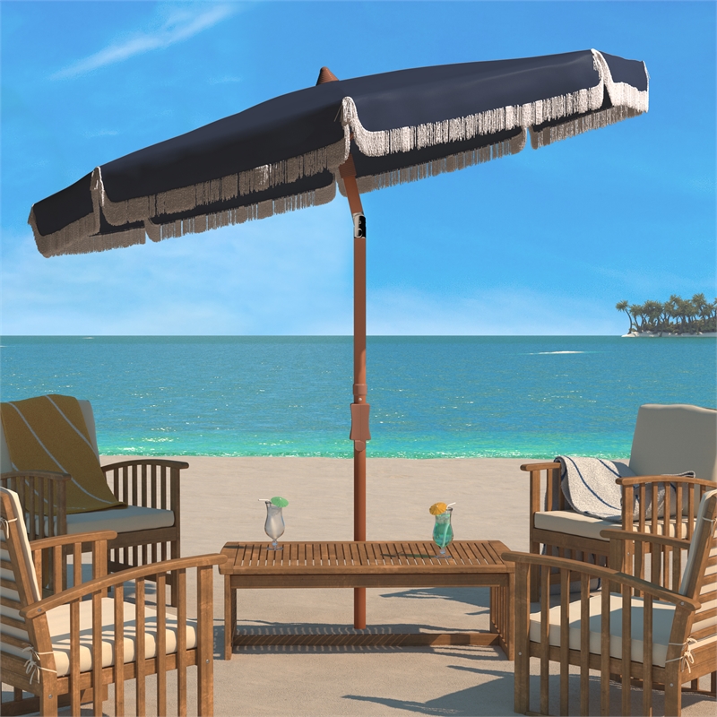 Safavieh Estonia 6.5 Ft Fringe Metal and Fabric Beach Umbrella in Navy / White