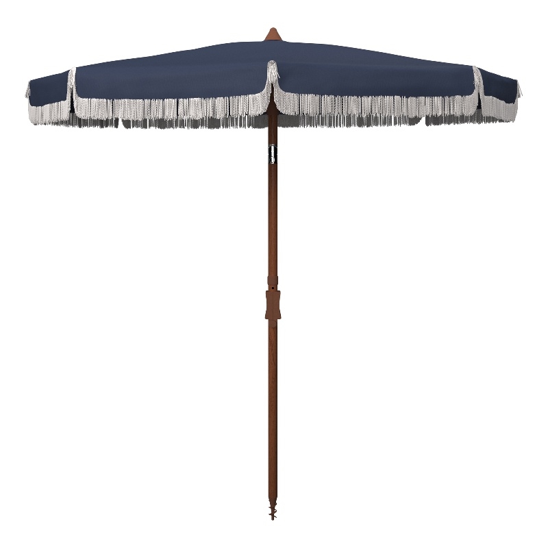 Safavieh Estonia 6.5 Ft Fringe Metal and Fabric Beach Umbrella in Navy / White