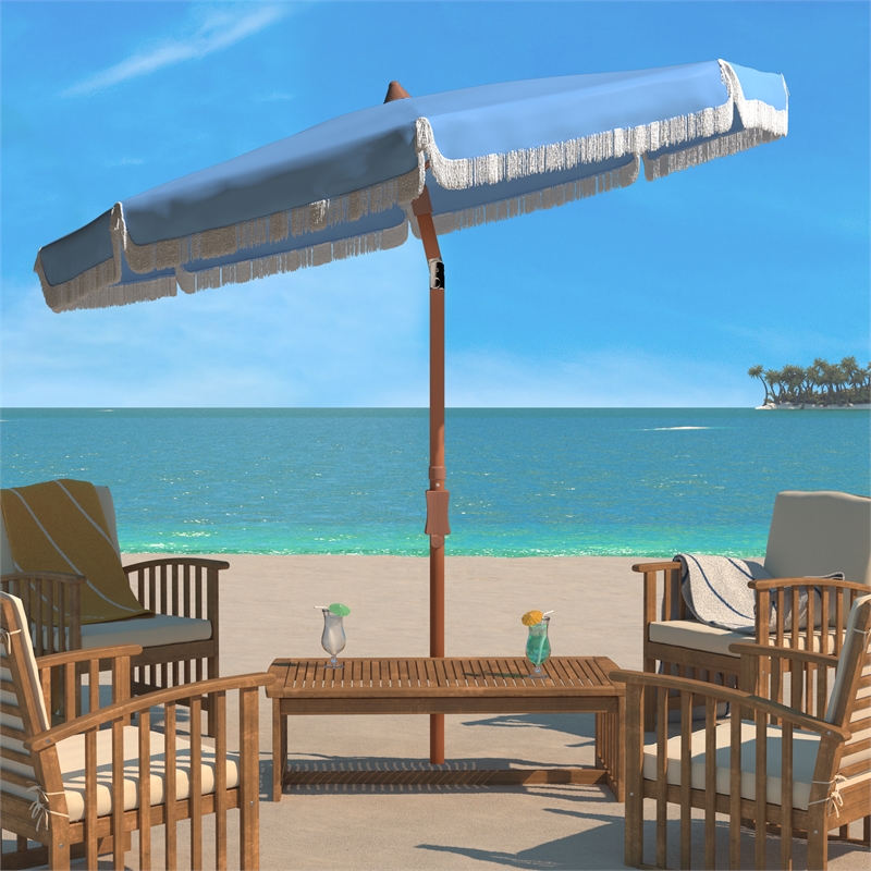 Safavieh Estonia 6.5 Ft Fringe Metal and Fabric Beach Umbrella in BabyBlue/White