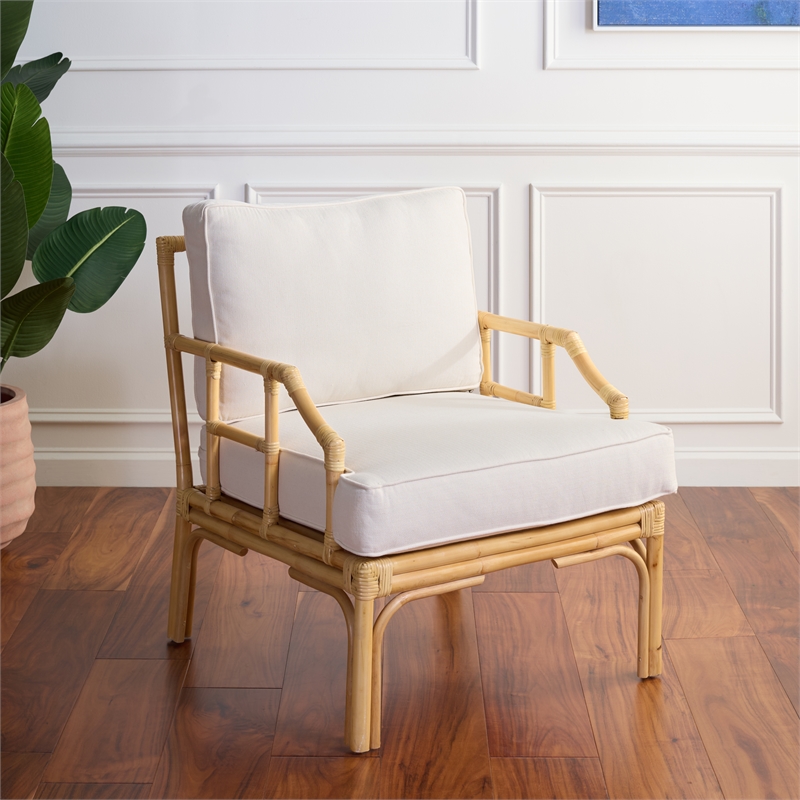 Safavieh Kazumi Rattan / Fabric Accent Chair w/ Cushion in White / Natural