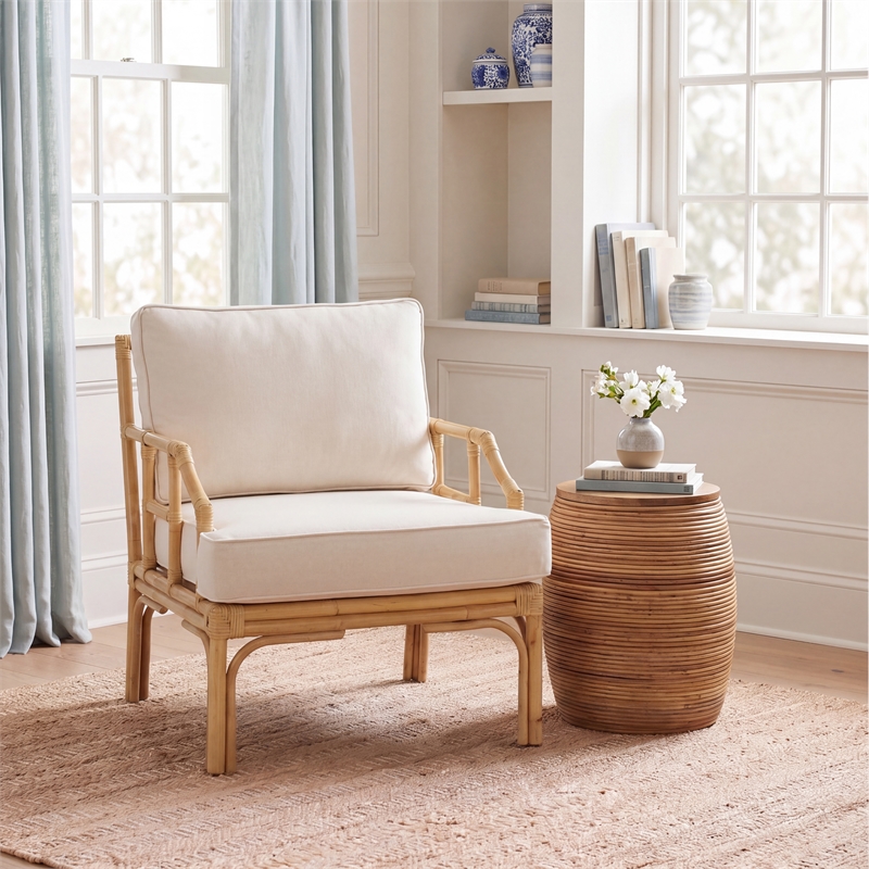 Safavieh Kazumi Rattan / Fabric Accent Chair w/ Cushion in White / Natural