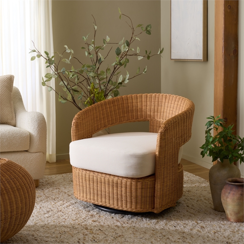 Safavieh Leanna Rattan and Iron Swivel Chair  in Natural / White