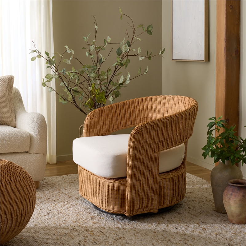 Safavieh Leanna Rattan and Iron Swivel Chair  in Natural / White