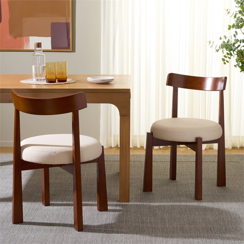 Safavieh Anselm Upholstered Wood and Fabric Dining Chair in White / Walnut