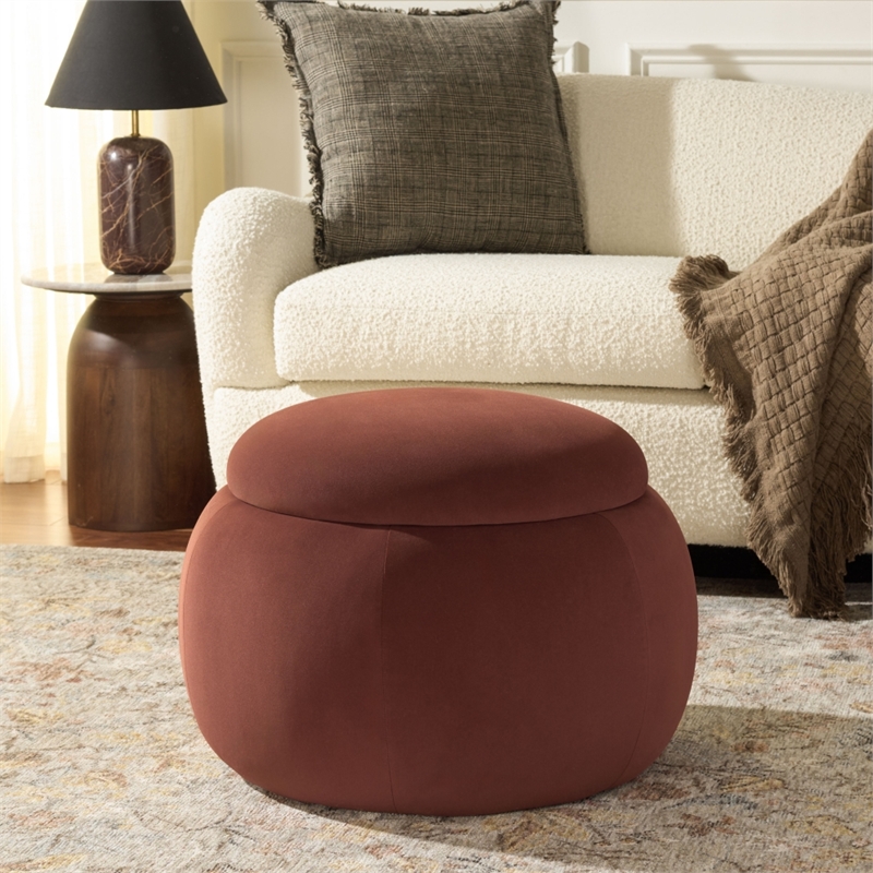 Safavieh Siara Round Wood and Fabric Storage Ottoman  in Rust