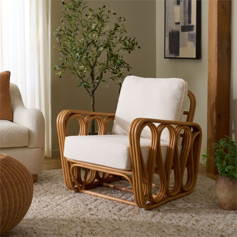 Safavieh Malina Rattan Pole and Fabric Accent Chair  in Natural / White