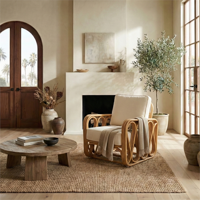 Safavieh Malina Rattan Pole and Fabric Accent Chair  in Natural / White