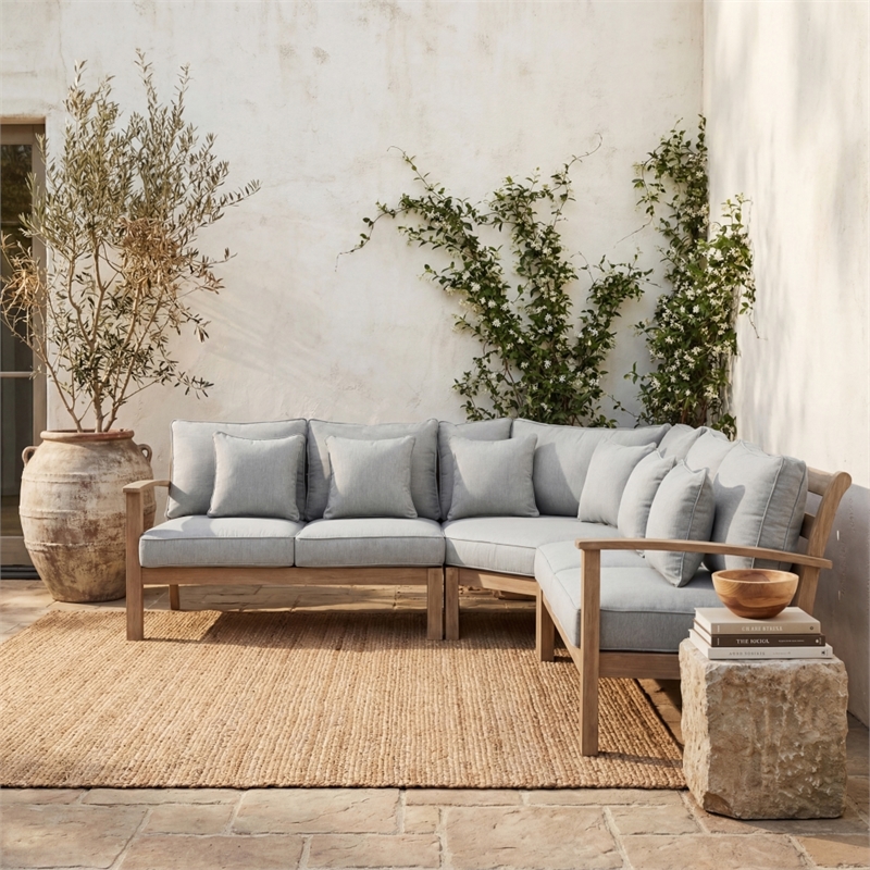 Safavieh Rosabecca Wood Patio Sectional Sofa in Natural / Light Gray