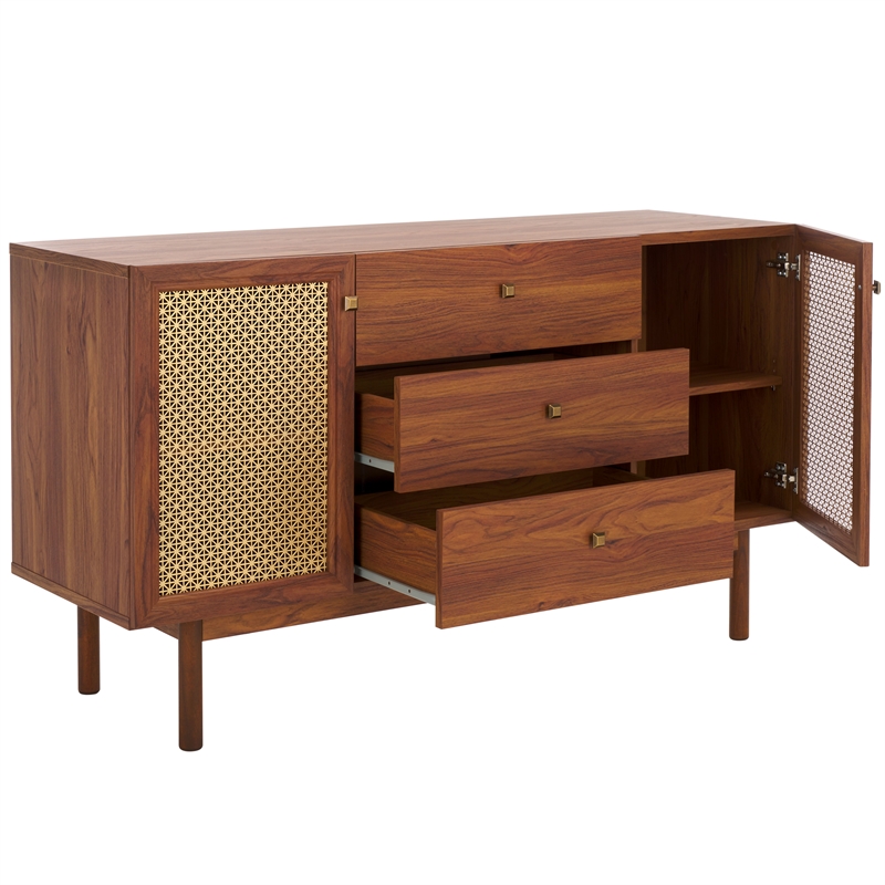 Safavieh Piran 2 Door 3 Drawer Wood Sideboard/Media in Walnut / Gold