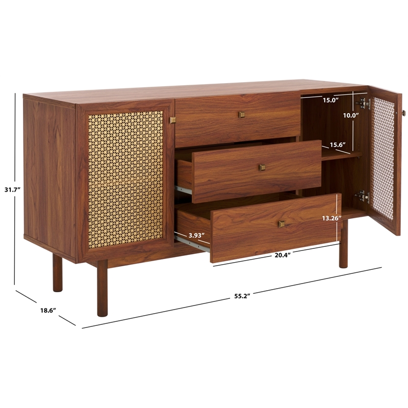 Safavieh Piran 2 Door 3 Drawer Wood Sideboard/Media in Walnut / Gold