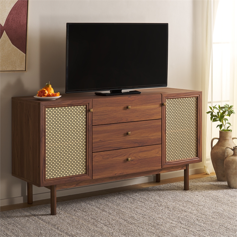 Safavieh Piran 2 Door 3 Drawer Wood Sideboard/Media in Walnut / Gold