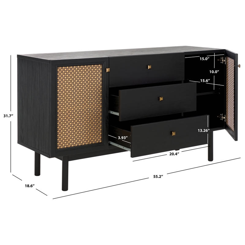 Safavieh Piran2 Door 3 Drawer Wood Sideboard/Media in Black / Gold