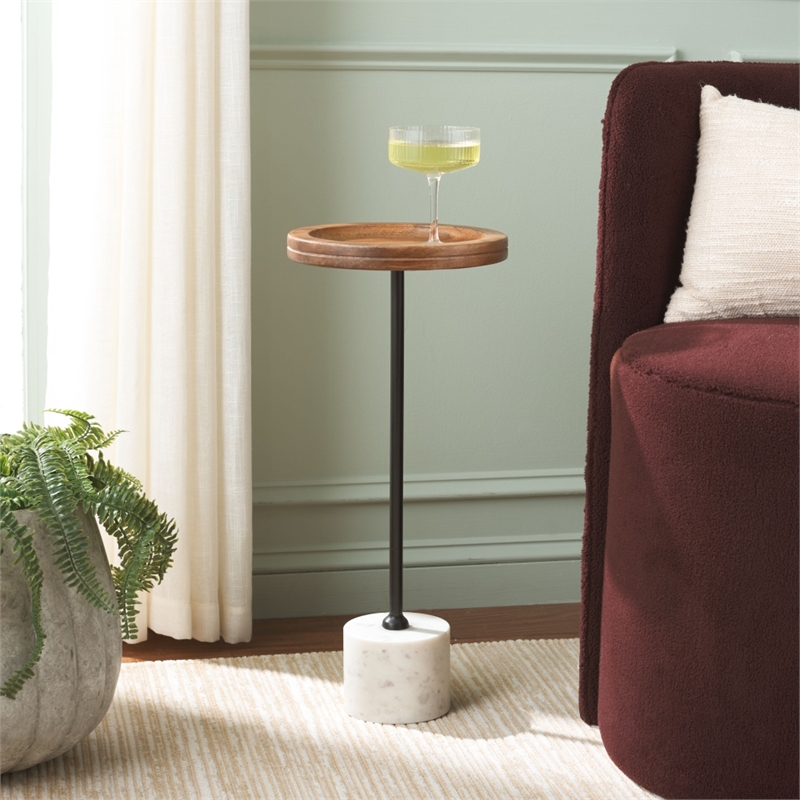 Safavieh Elisabeth Round Wood and Marble Side Table in Brown / Black