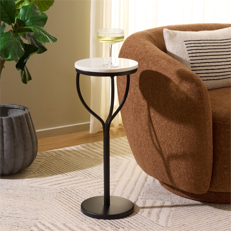 Safavieh Daxton Round Iron and Marble Drink Accent Table in White / Black