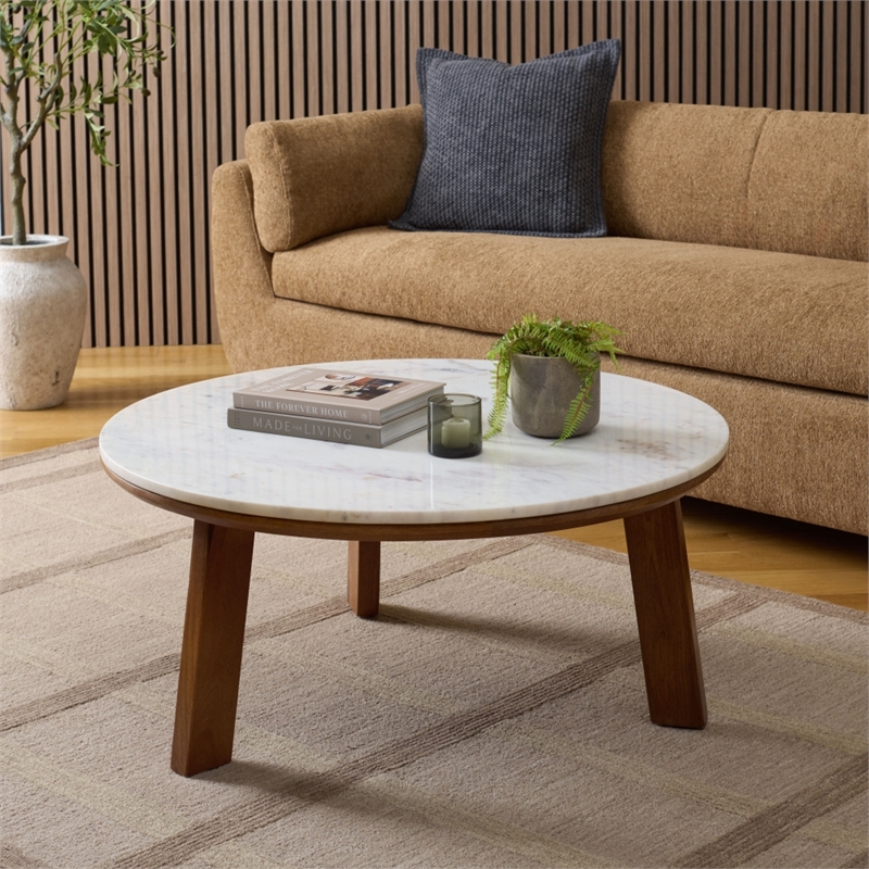 Safavieh Arkady Round Marble and Wood Coffee Table in White / Brown