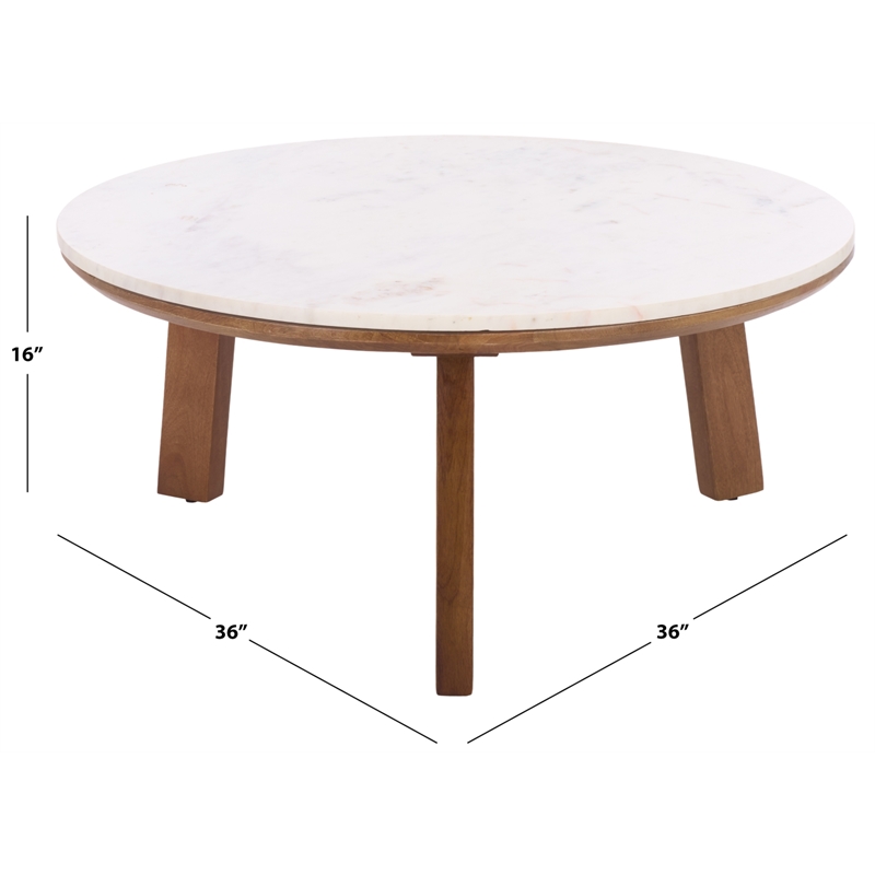 Safavieh Arkady Round Marble and Wood Coffee Table in White / Brown