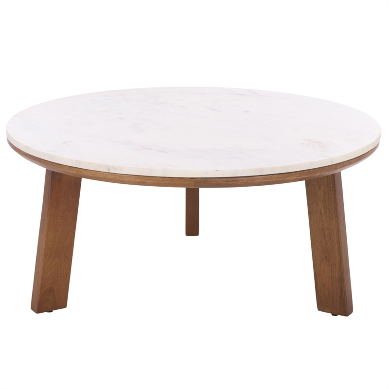 Safavieh Arkady Round Marble and Wood Coffee Table in White / Brown