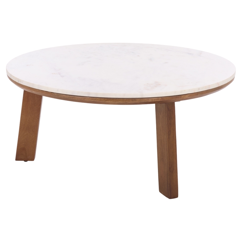 Safavieh Arkady Round Marble and Wood Coffee Table in White / Brown