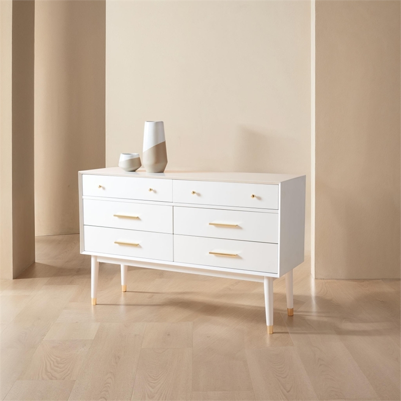 Safavieh Zack 6 Drawer Wood Dresser in White / Brass