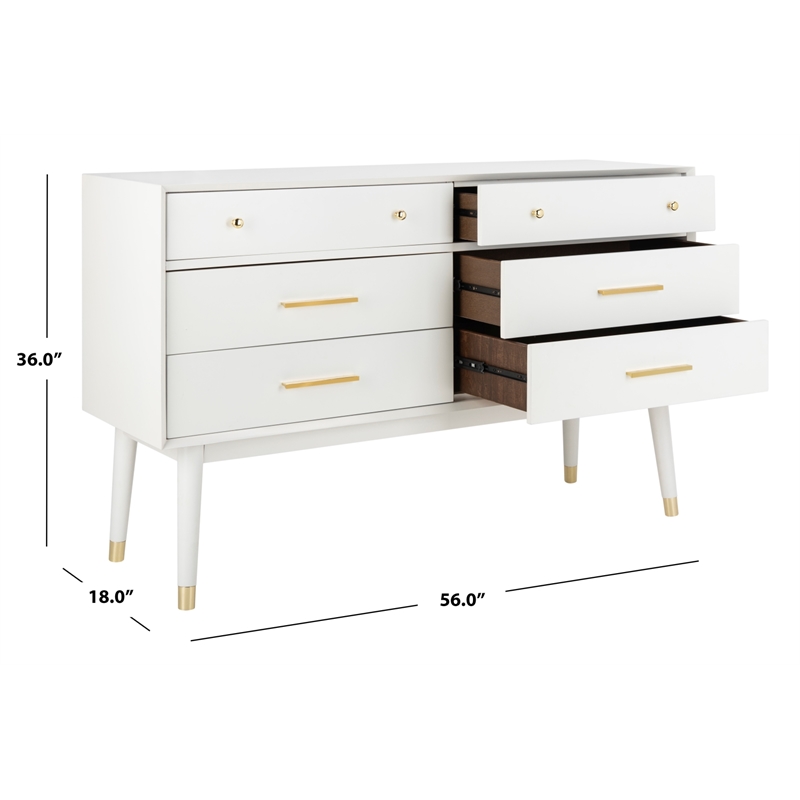 Safavieh Zack 6 Drawer Wood Dresser in White / Brass