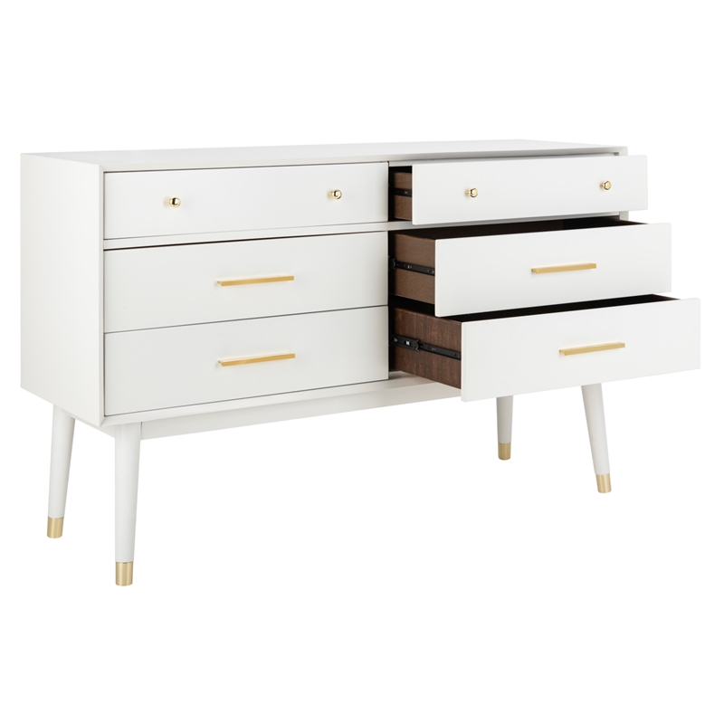 Safavieh Zack 6 Drawer Wood Dresser in White / Brass