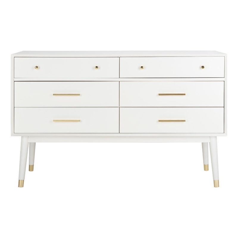 Safavieh Zack 6 Drawer Wood Dresser in White / Brass
